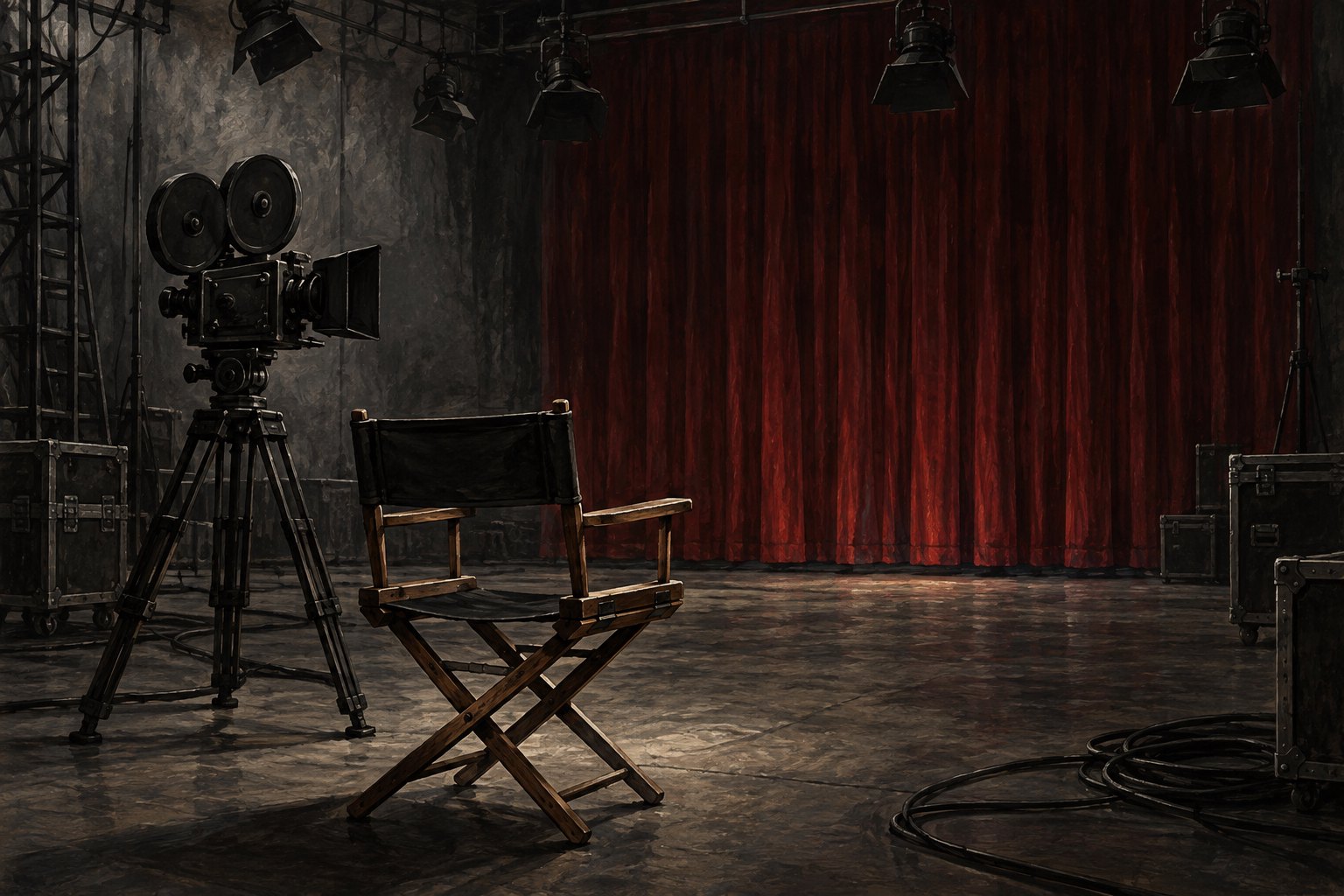 Conceptual illustration of an empty director’s chair and movie camera on a dark soundstage with a closed red curtain.