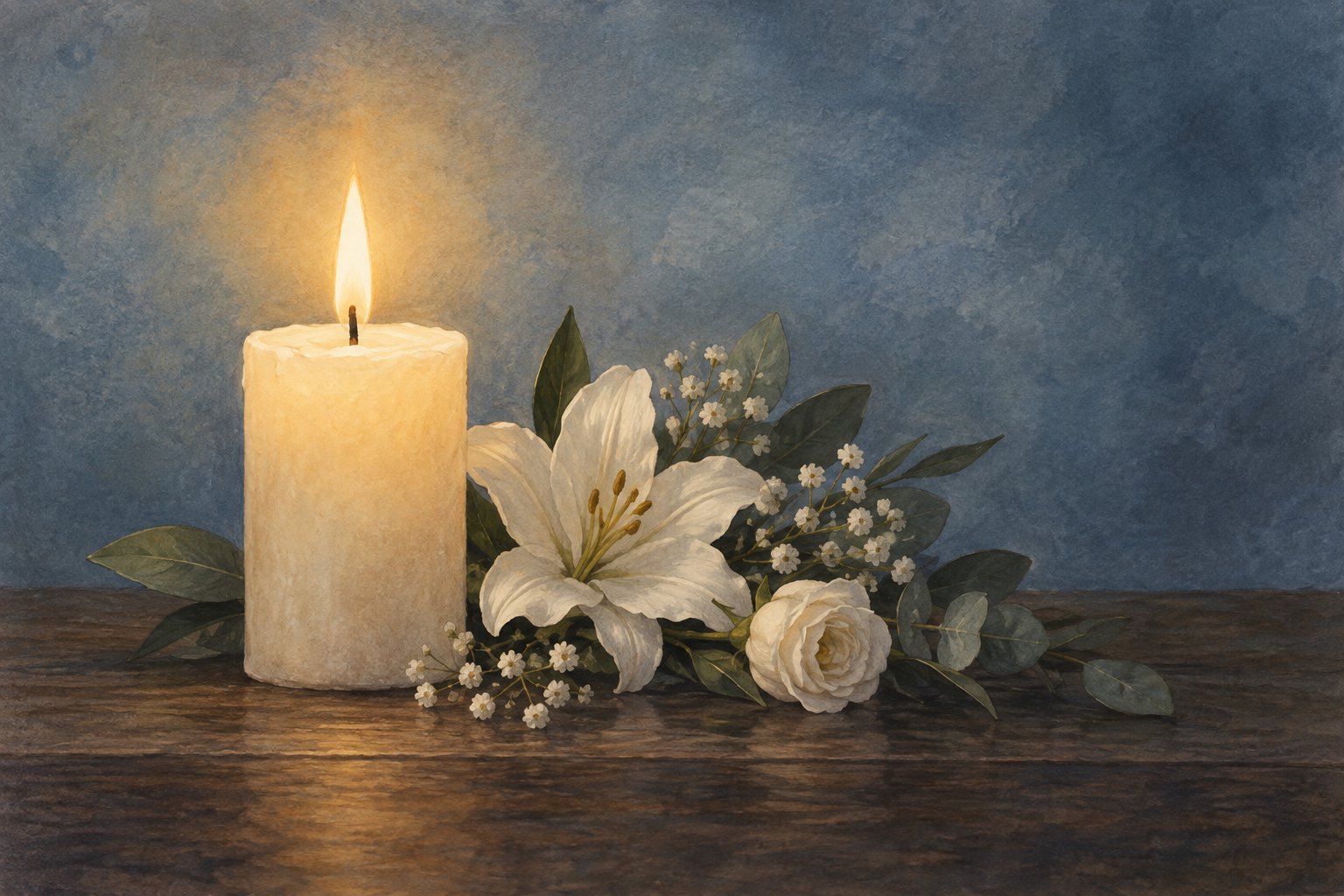 Symbolic illustration of a glowing ivory candle beside white flowers on a wooden surface against a muted blue background.
