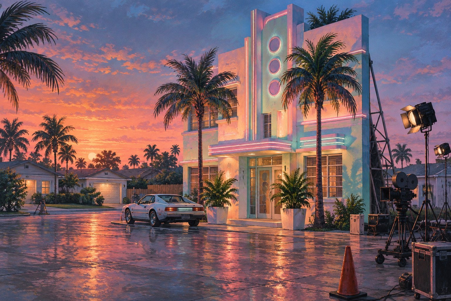 Conceptual illustration of a pastel coastal facade on a suburban film set, with palm trees, a movie camera, and production lights at sunset.