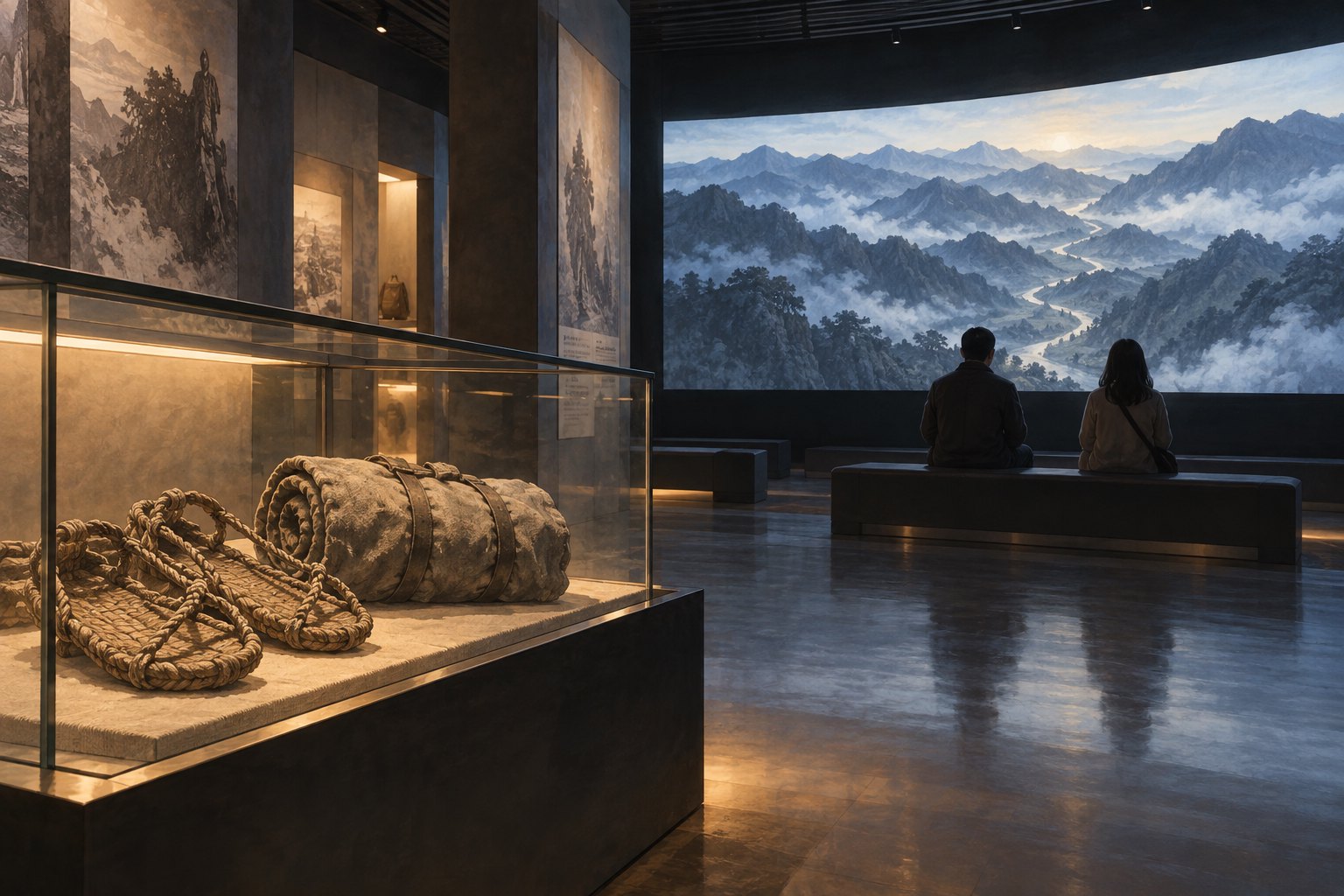 长征主题示意插画：草鞋与行囊展柜旁，两位观众面对映有连绵山岭的银幕