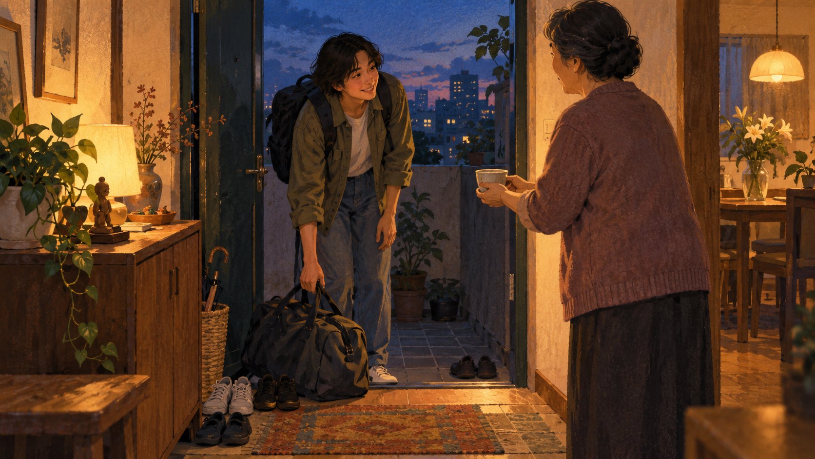 返家者在傍晚住家門口放下旅行袋,家人手持杯子迎接的概念插畫,非影片劇照
