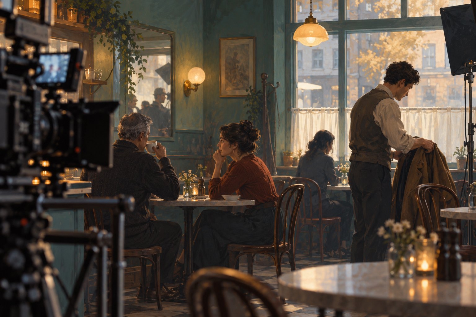 Editorial illustration of background performers handling a cup and a coat on a fictional cafe set, with a cinema camera in the foreground.