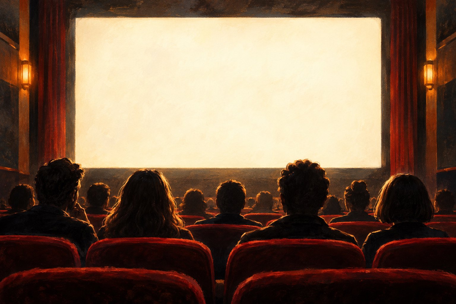 Conceptual illustration of an anonymous audience in red theater seats facing a blank illuminated cinema screen.