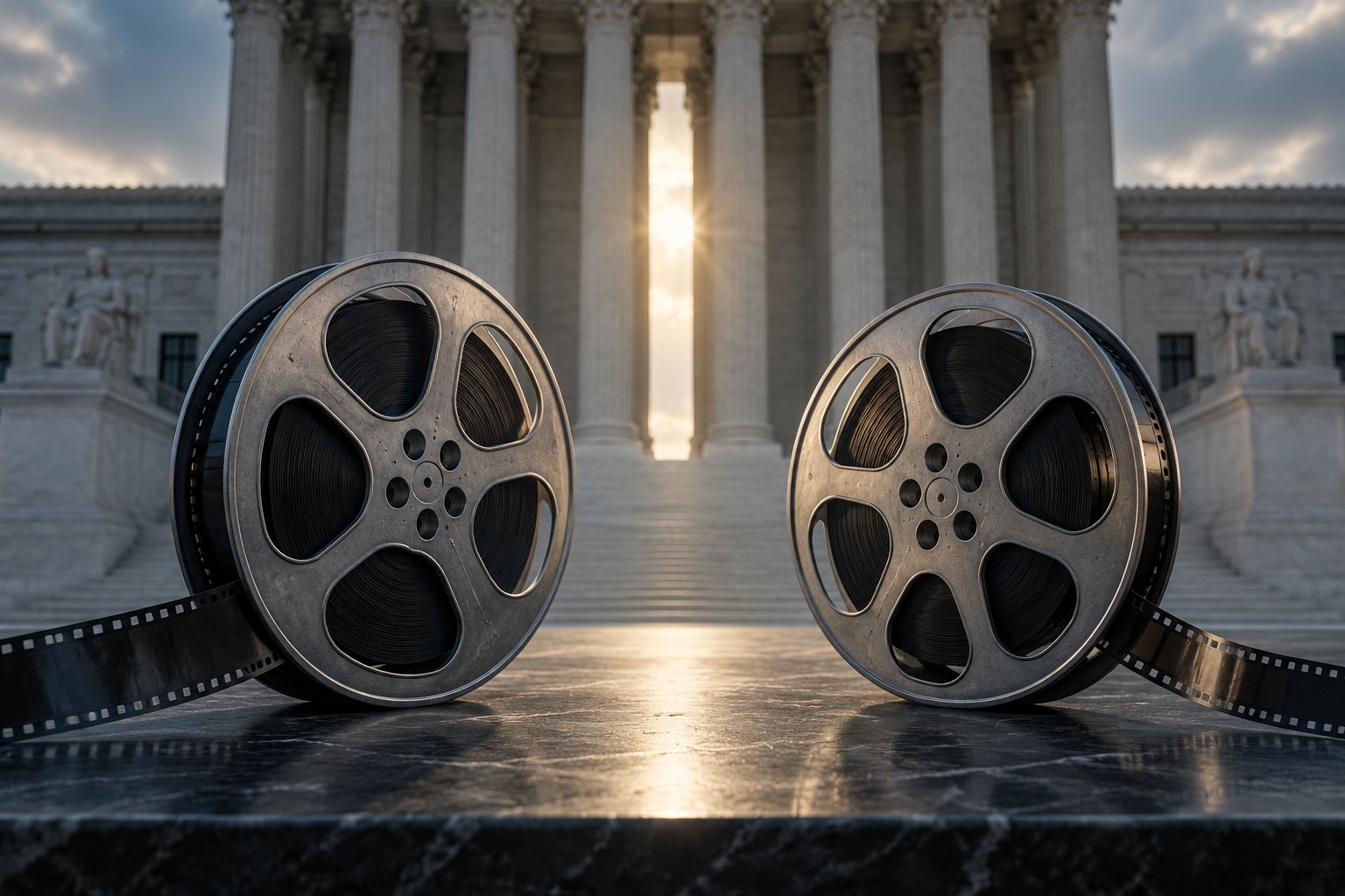 Conceptual illustration of two metal film reels on a stone table before courthouse columns.