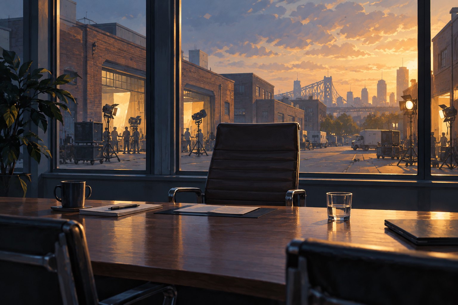 Conceptual illustration of an empty office chair overlooking an imagined film studio district at sunset.