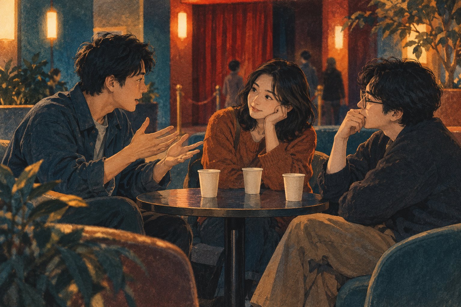 原创映后交流插画：三位观众围坐影院休息区的圆桌交流不同感受