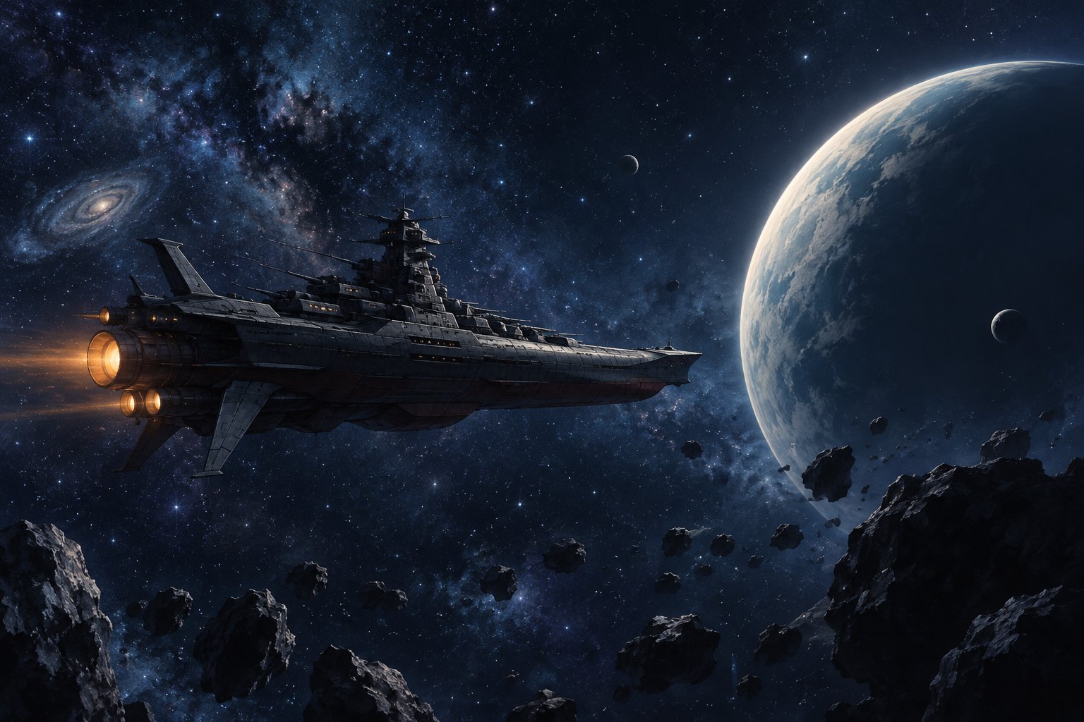 Conceptual illustration of a naval-inspired spacecraft with glowing engines approaching a large planet through a star-filled sky.