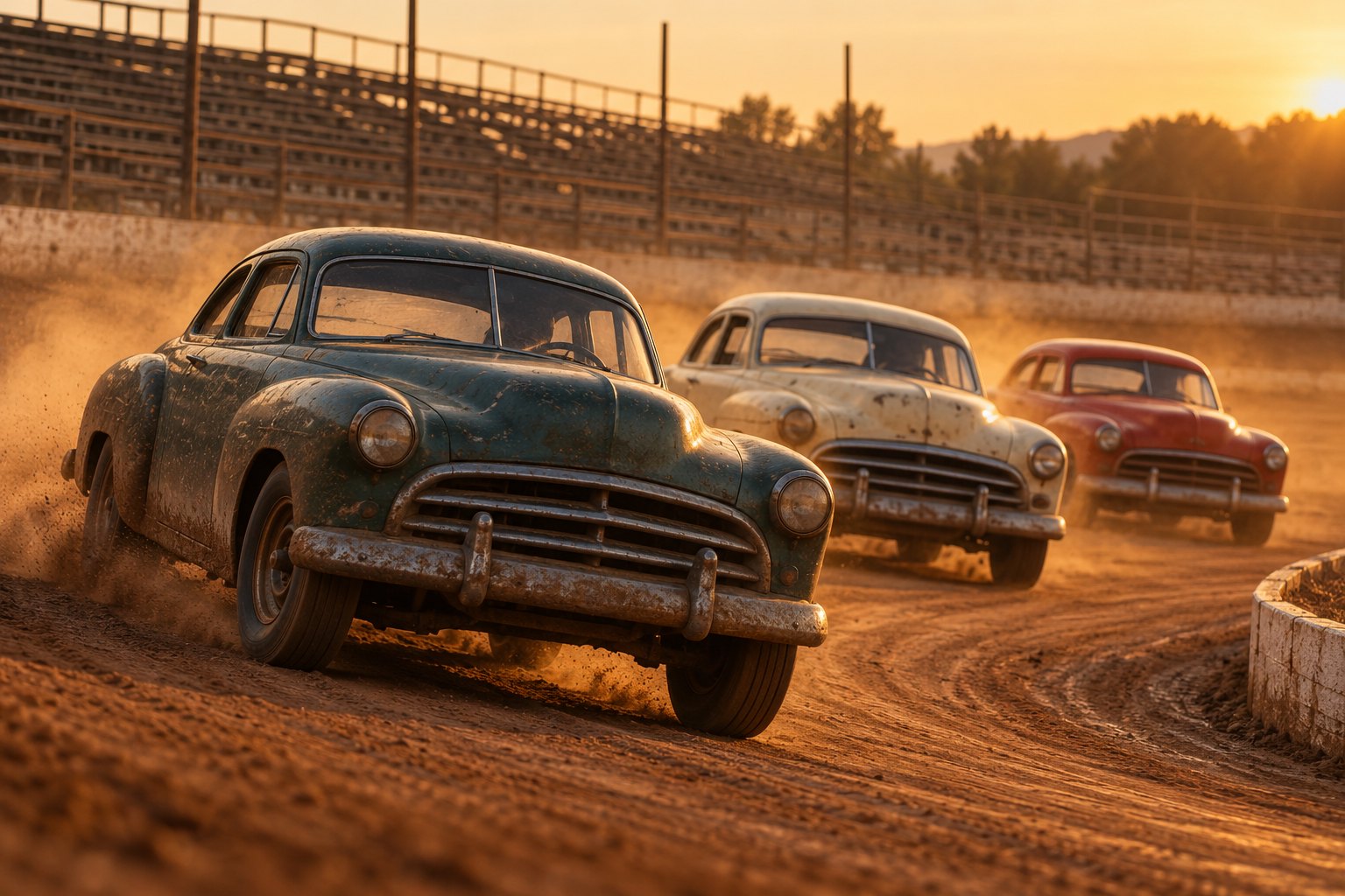 Conceptual illustration of three vintage stock cars rounding a dusty track in golden evening light.