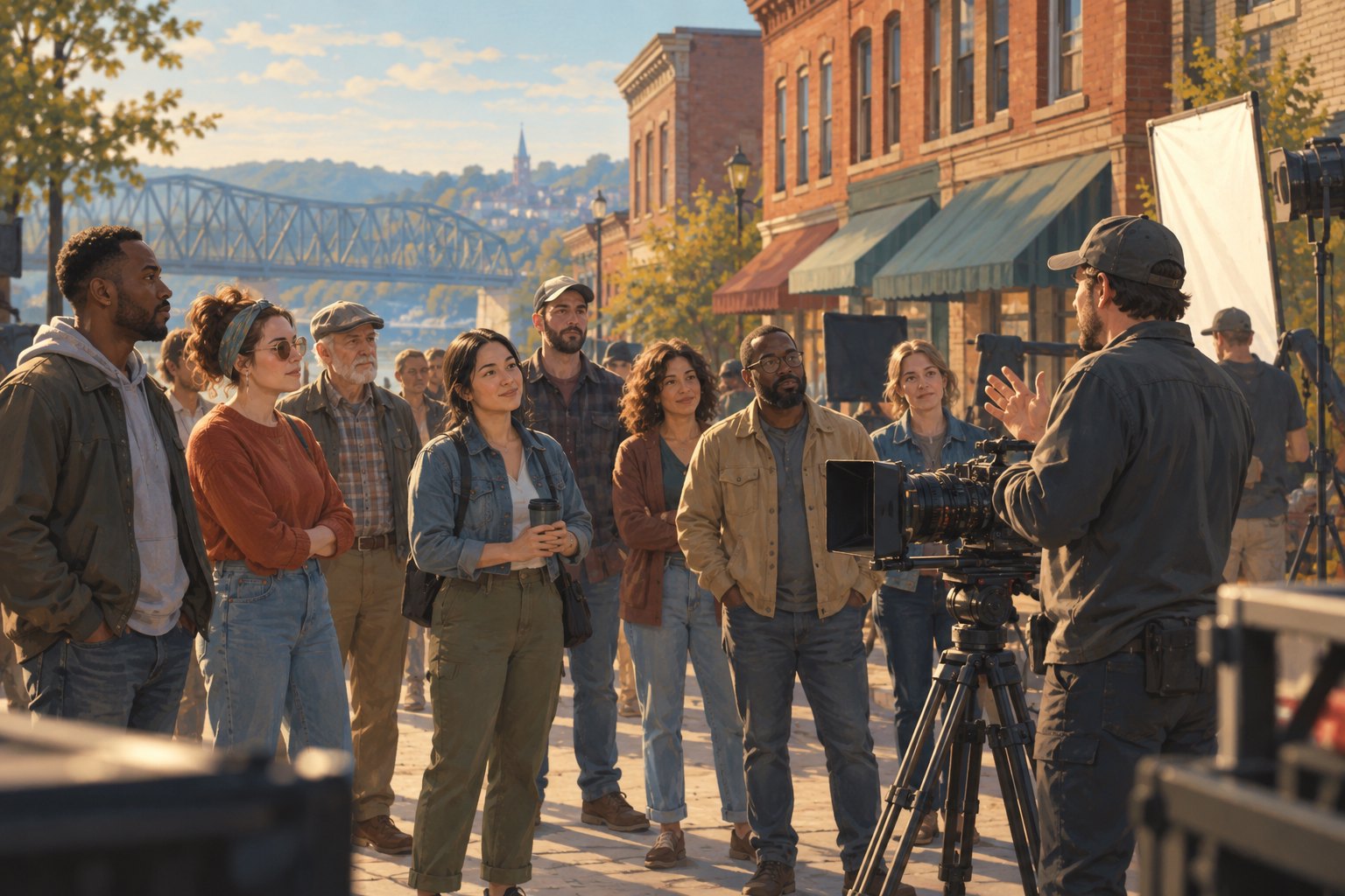 Editorial illustration of background performers gathering beside a cinema camera on a fictional neighborhood film set.