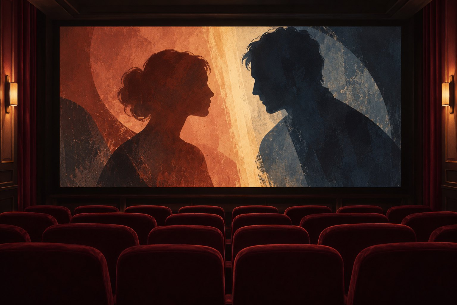 Conceptual illustration of an empty movie theater with two anonymous silhouettes facing each other on the screen.