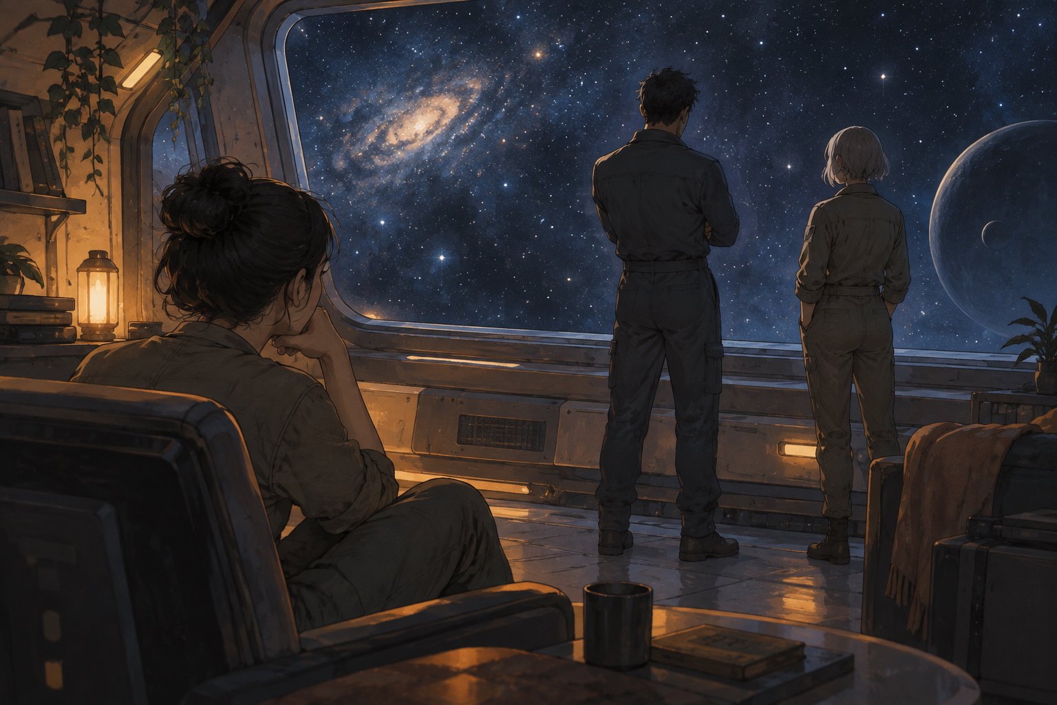 Conceptual illustration of three imagined crew members sharing a quiet spacecraft observation room overlooking stars and planets.