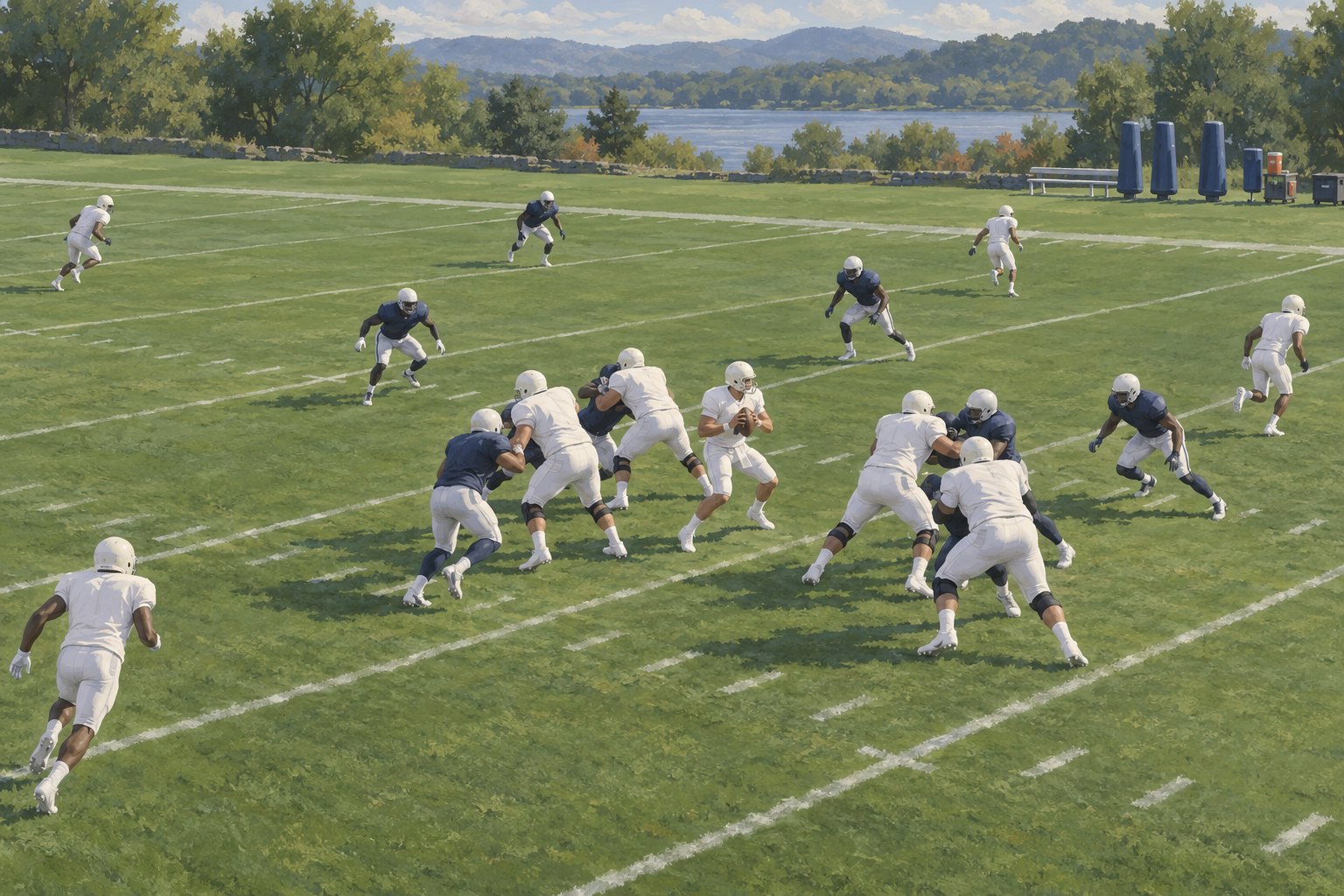 Conceptual illustration of a quarterback behind his blockers as defenders approach on a practice field.