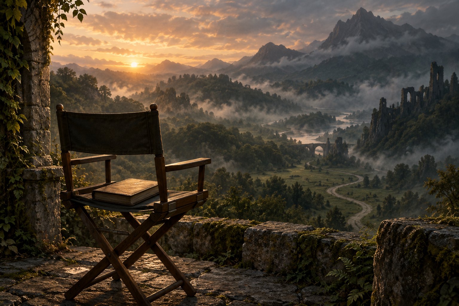 An empty director’s chair holding a closed manuscript overlooks a misty mountain valley at sunrise.