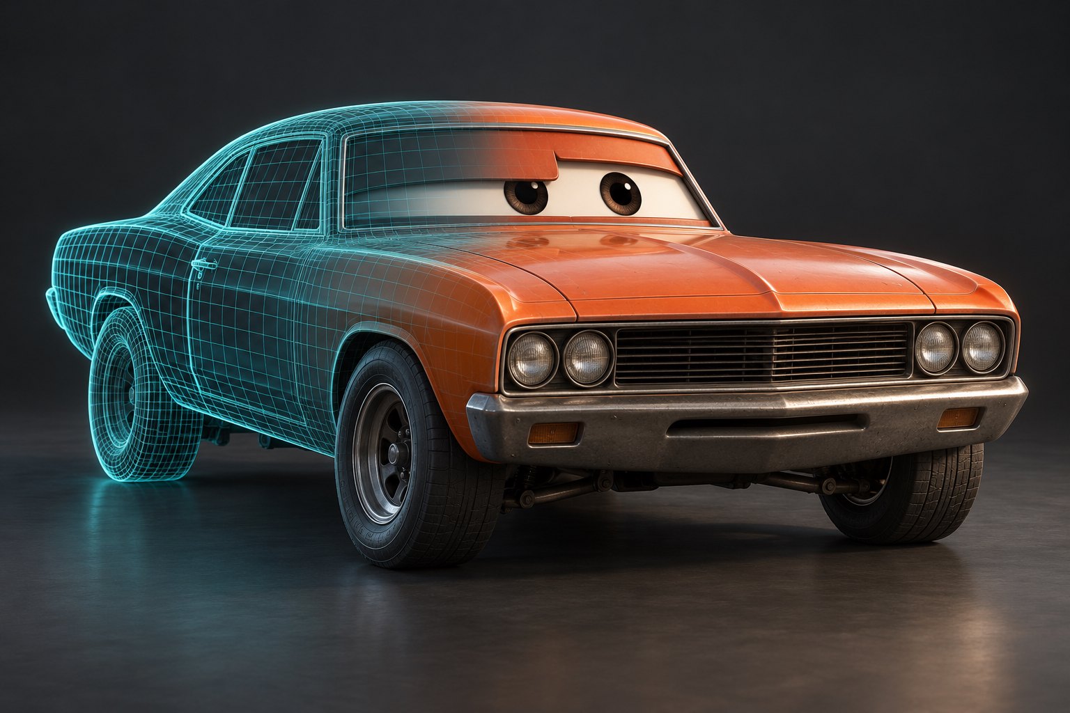 Conceptual illustration of an expressive orange stock car transitioning from a teal wireframe into a finished 3D model.