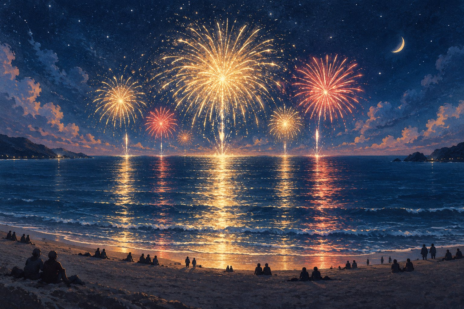 金红色焰火照亮夜空与海面,沙滩观众面向远方的概念插画,非活动现场实拍