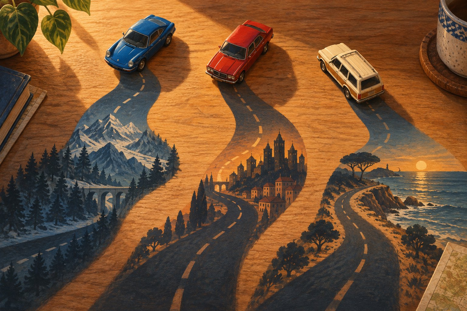 Concept illustration of three miniature cars casting road-shaped shadows filled with mountain, castle and coastal landscapes.