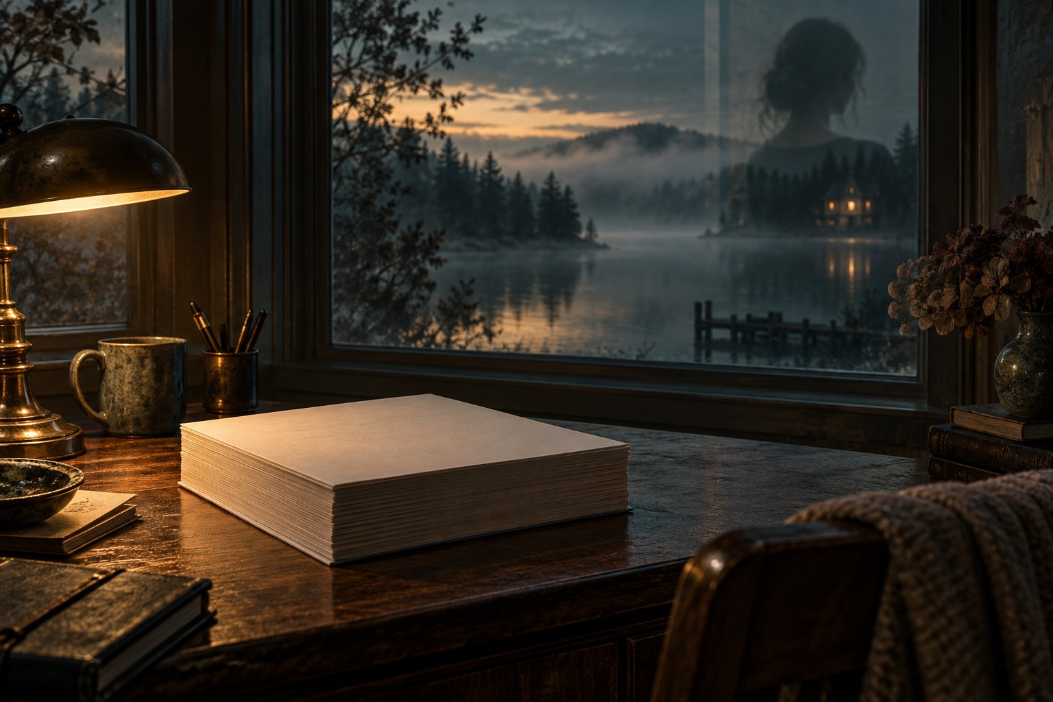 Atmospheric illustration of manuscript pages on a lamplit desk overlooking a misty lake, with a woman's silhouette reflected in the window.