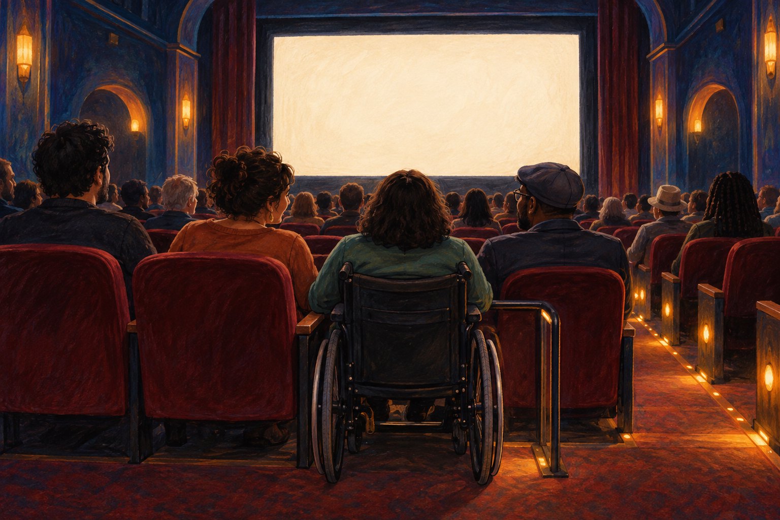 Conceptual illustration of moviegoers, including a wheelchair user, facing a glowing screen in an intimate theater.