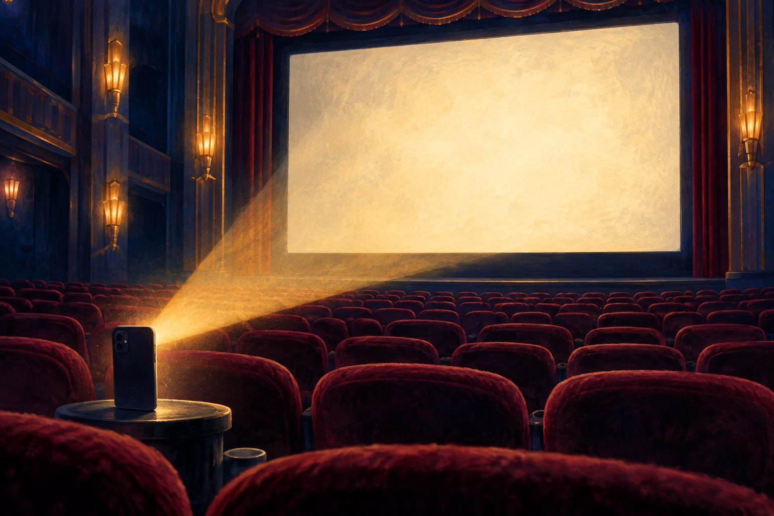 Conceptual illustration of a smartphone projecting light toward a blank cinema screen above rows of burgundy seats.