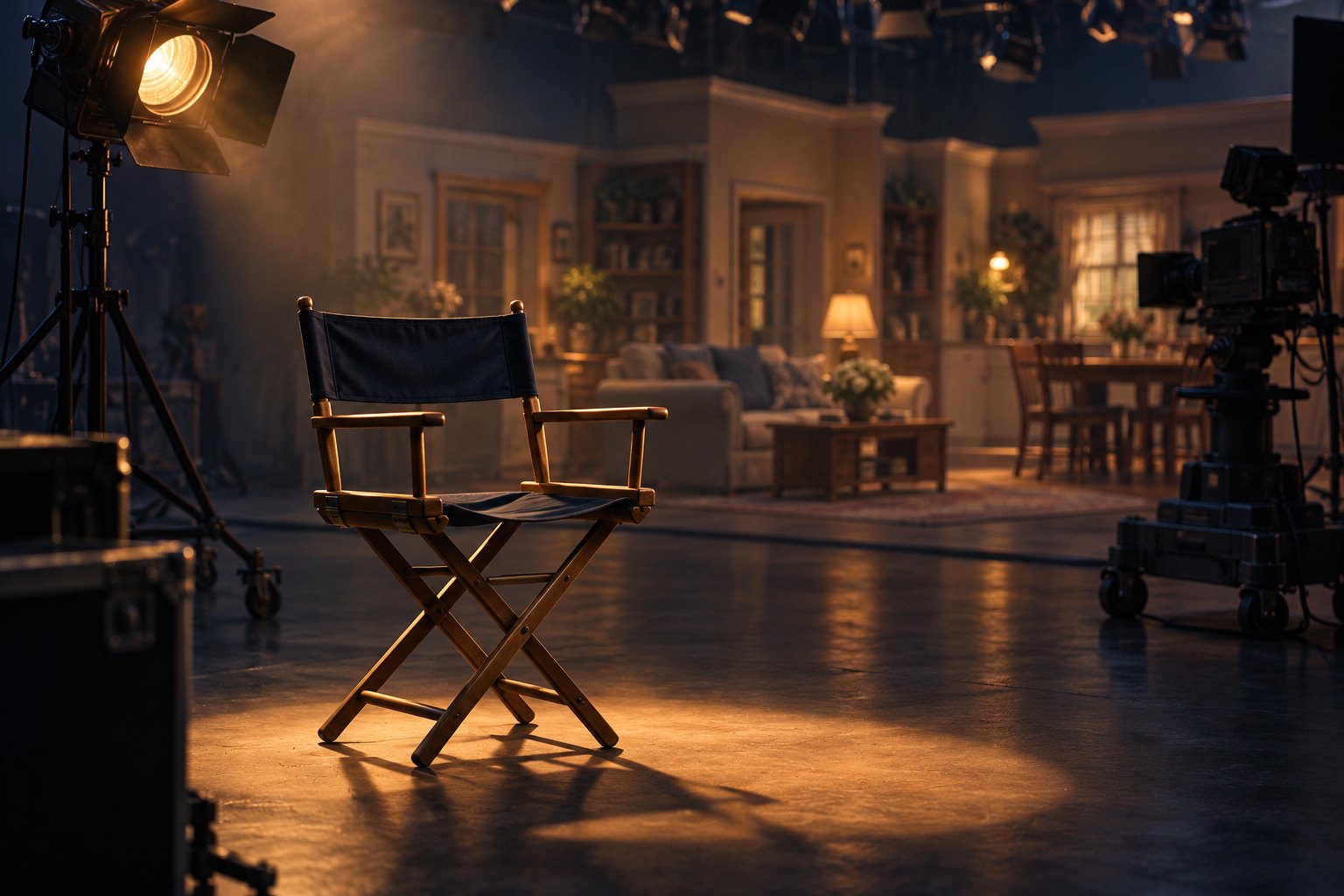 An empty actor’s chair under an amber spotlight on a fictional television soundstage.