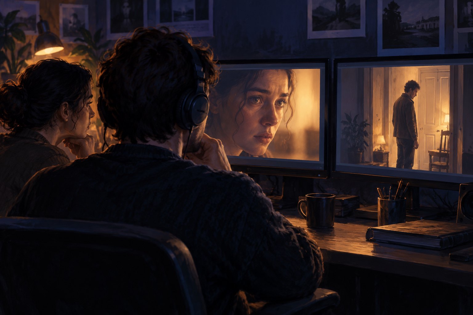 Editorial illustration of an editor and collaborator studying contrasting character shots on two screens in a dim editing room.