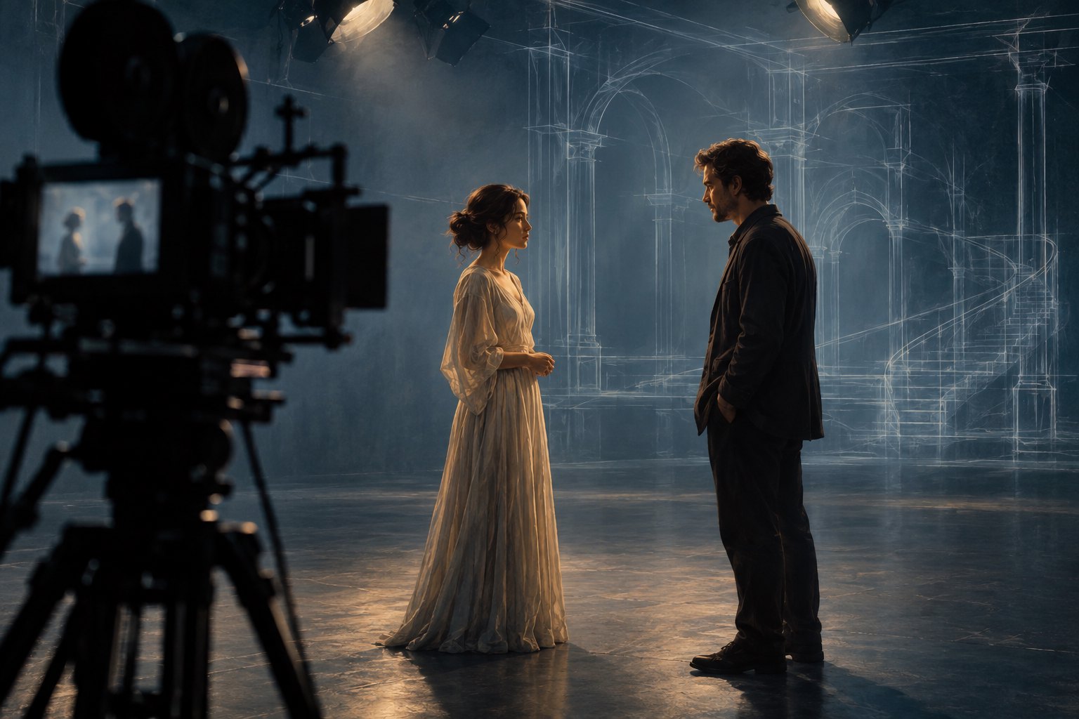 Conceptual illustration of two actors on a bare soundstage with a foreground camera and faint architectural outlines behind them.