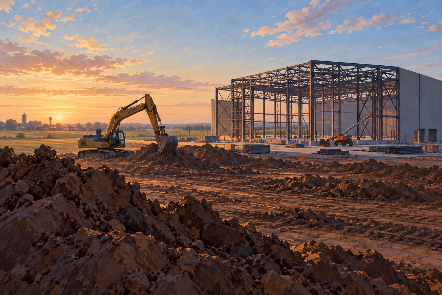 Conceptual illustration of an excavator beside the steel framework of a film studio at sunrise, not a depiction of the announced Metro East project.