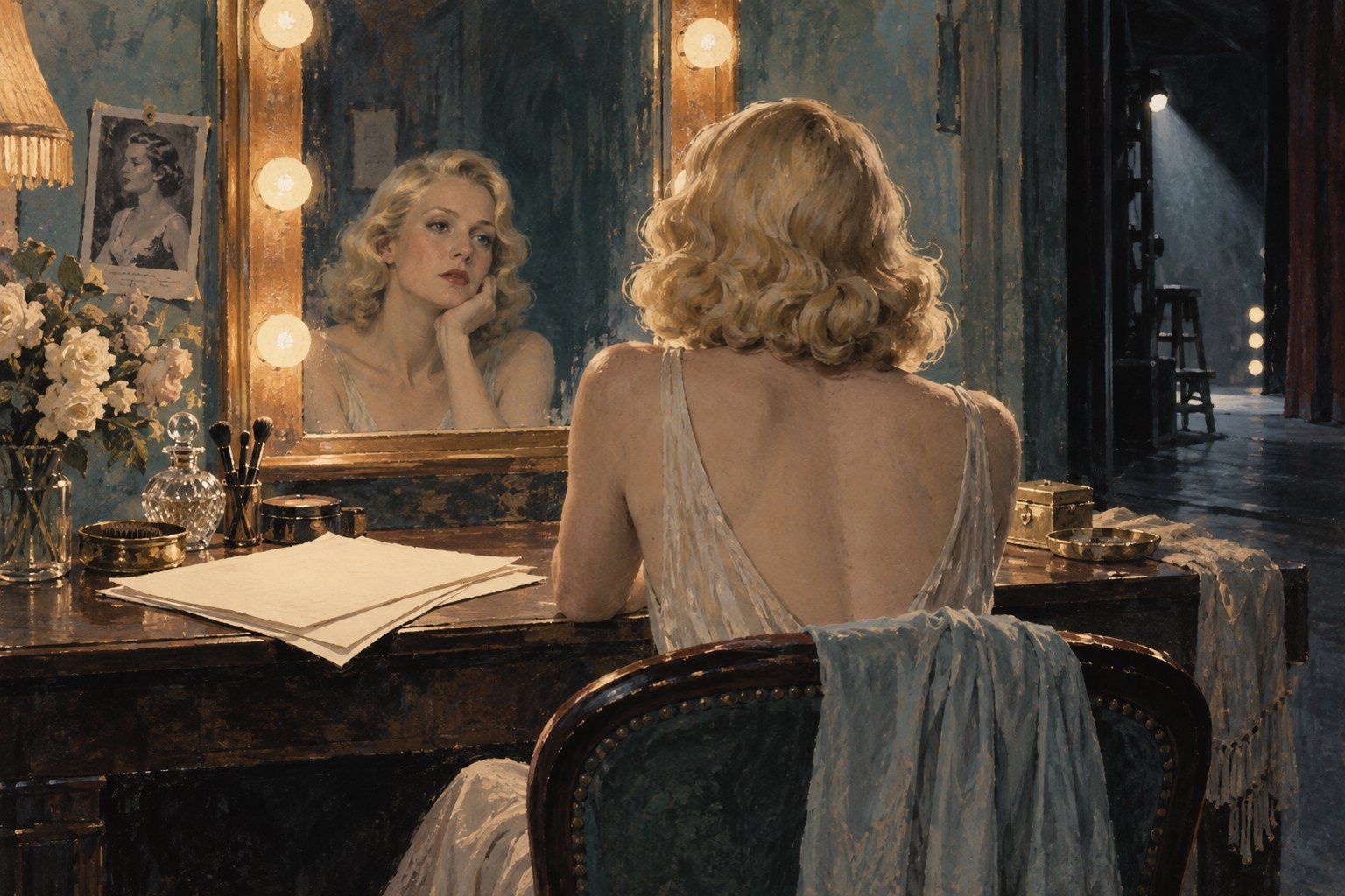 Conceptual illustration of a blonde actress studying her reflection at a vintage dressing-room vanity.