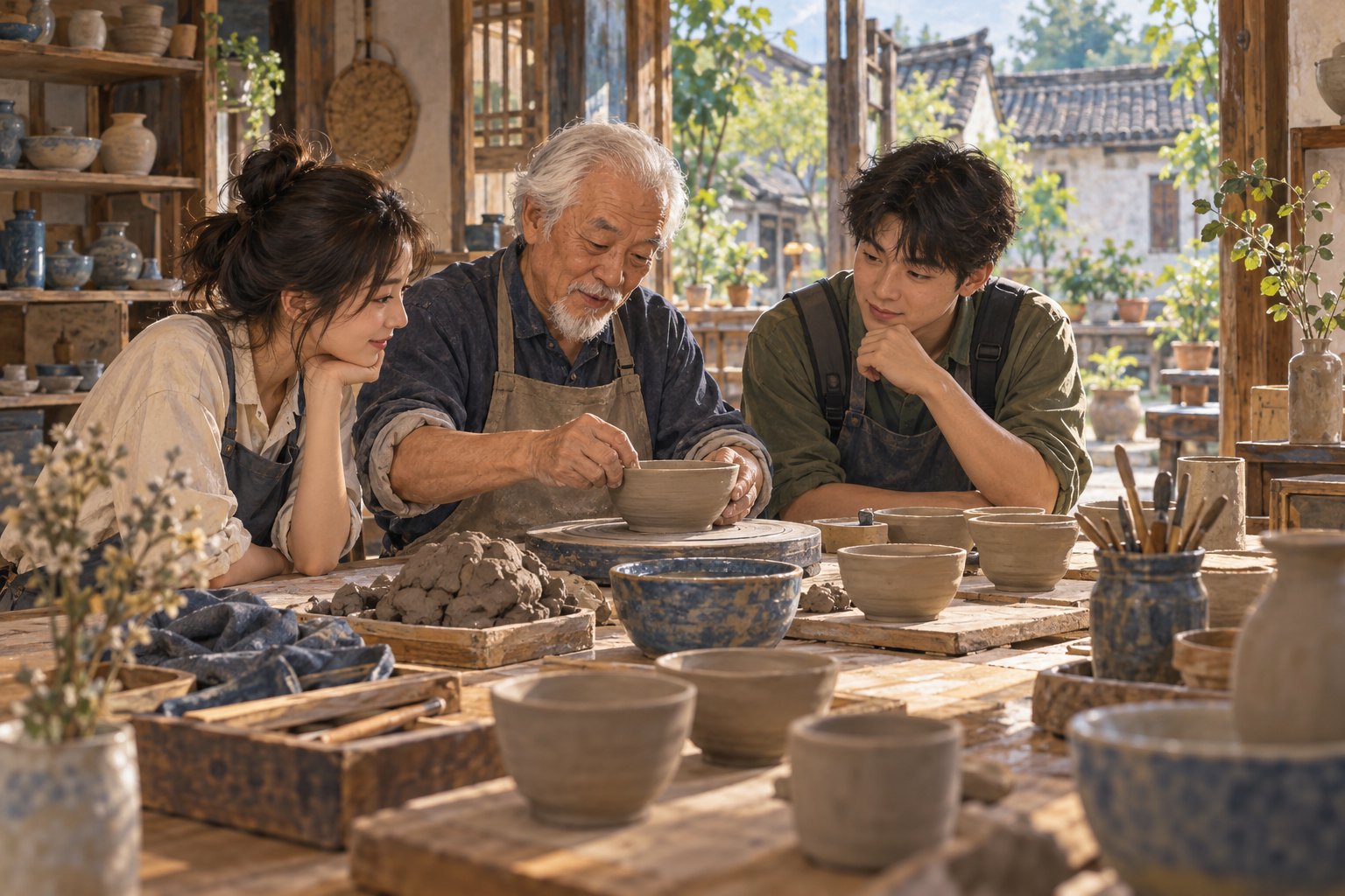 概念插画:地方陶艺工坊里,老师傅向两位旅行者示范陶碗制作