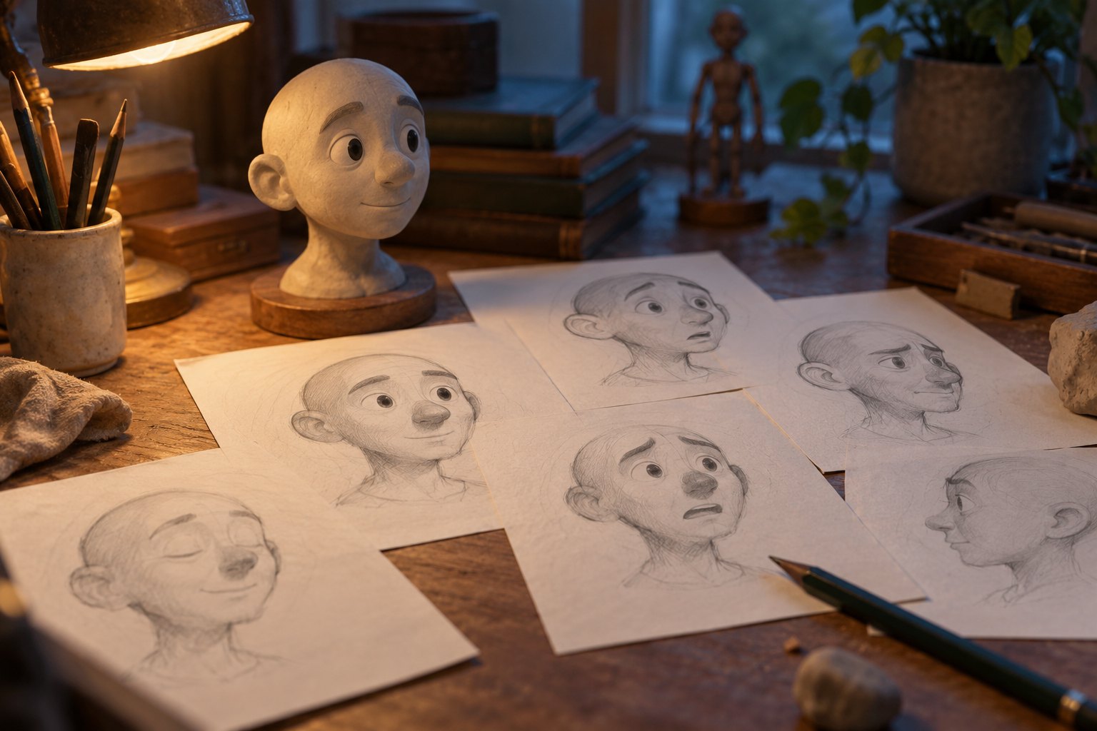 Conceptual illustration of pencil expression studies and a sculpted character head on an animator’s warmly lit desk.