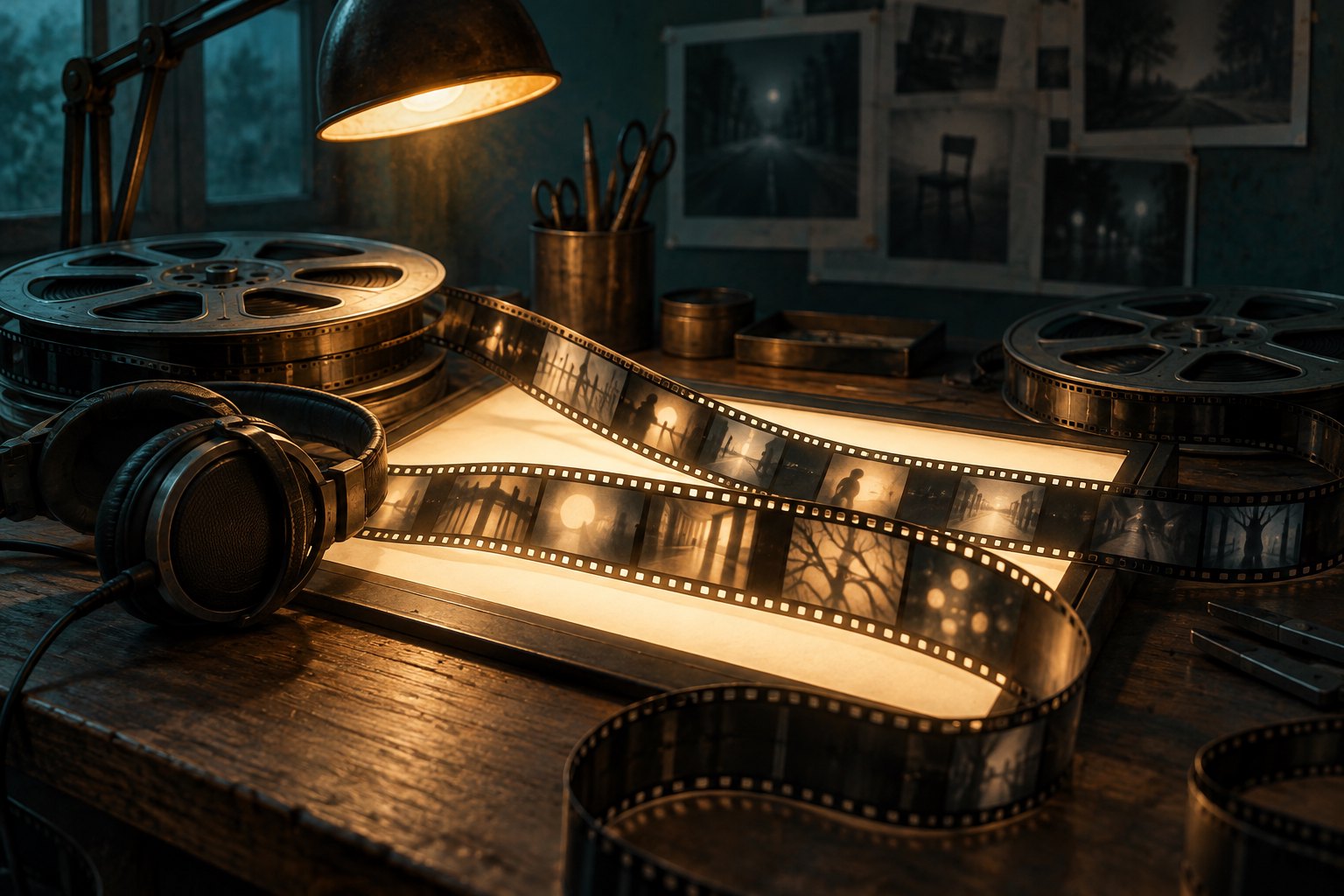 Conceptual illustration of film reels, headphones, and film strips across an illuminated editing workbench.