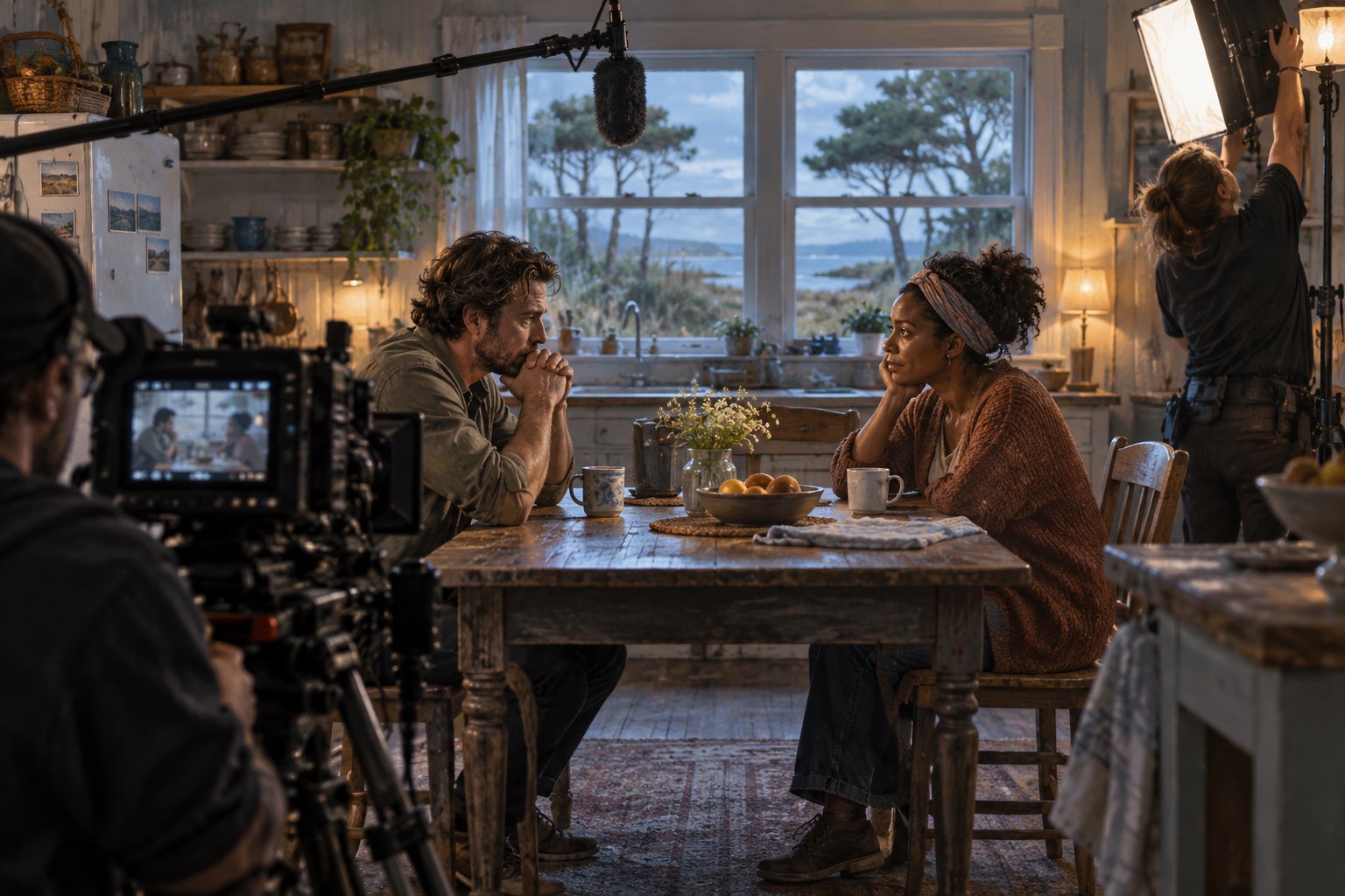Editorial illustration of two performers at a kitchen table while a camera crew prepares an intimate interior scene.