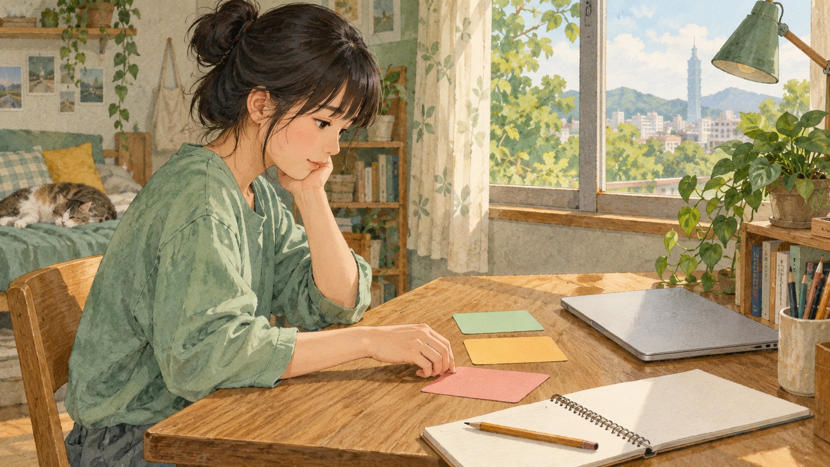 少女坐在窗邊書桌前整理三張色卡,旁邊放著筆記本與闔上的筆電