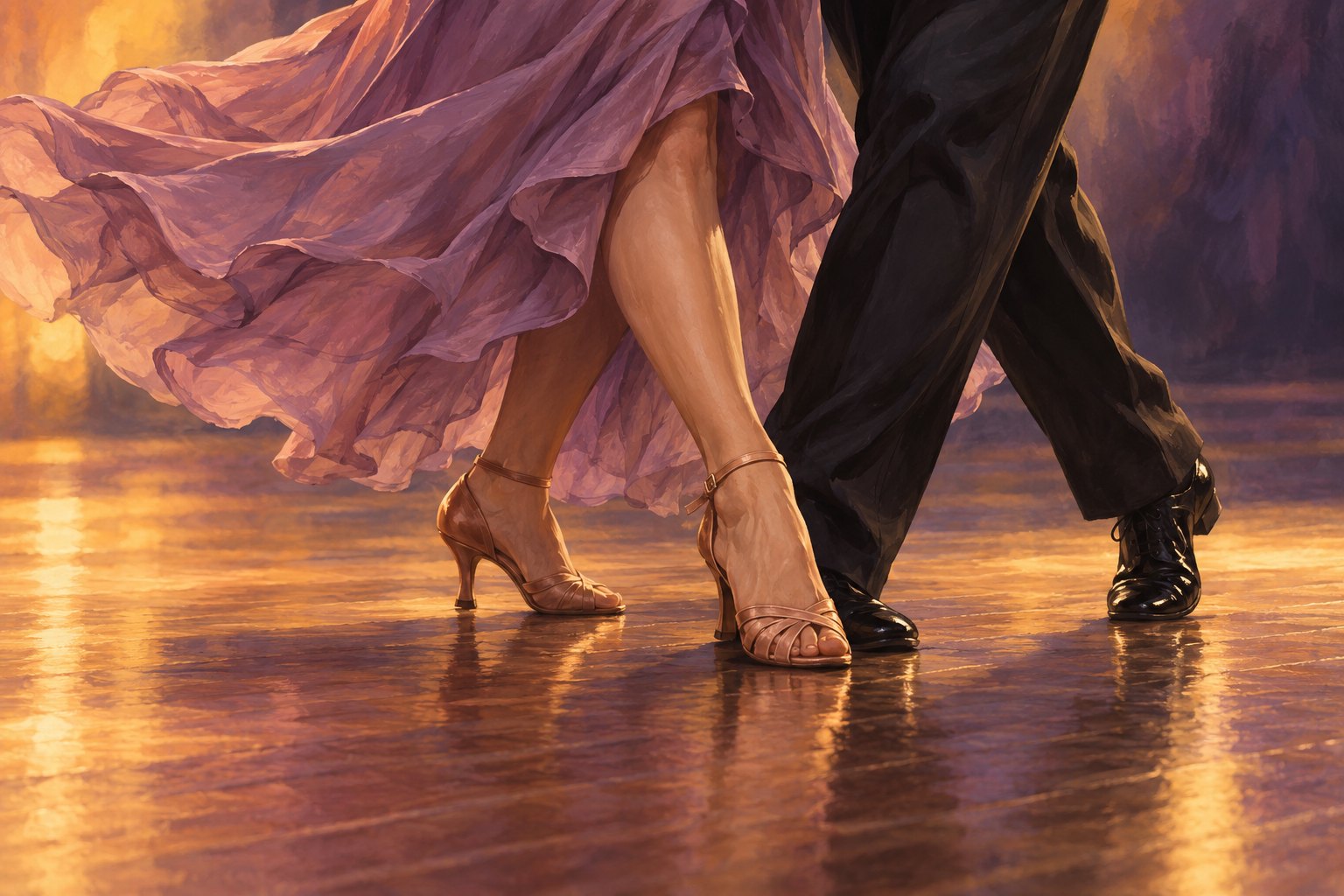 Painterly close-up of ballroom partners coordinating their steps on a wooden floor beneath a flowing mauve skirt.