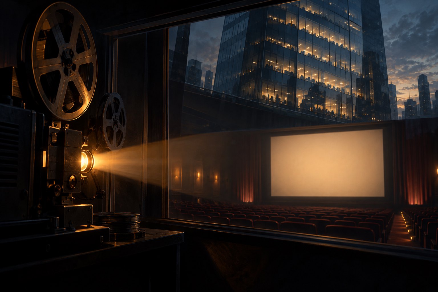 Conceptual illustration of a film projector lighting an empty theater beneath the reflection of a glass office tower.