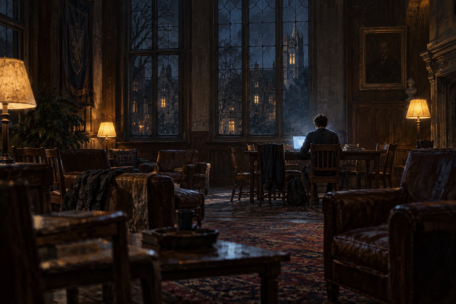Painterly illustration of a solitary young man using a laptop in a dim university common room surrounded by empty chairs.