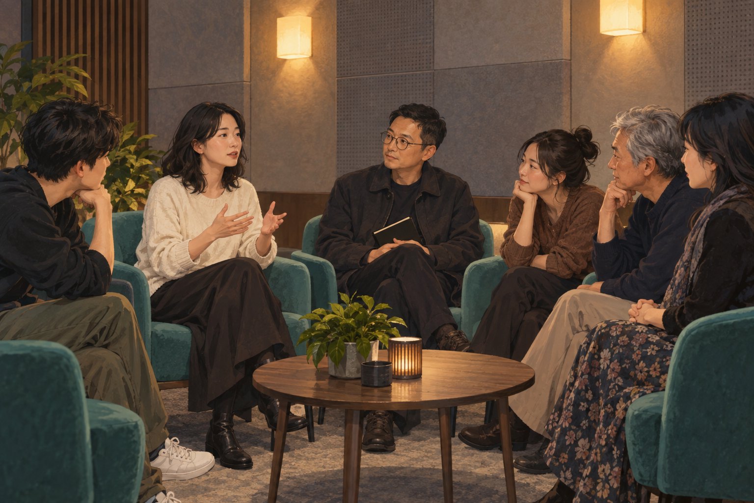 观众围坐在安静的交流空间,倾听一位女士分享观影感受