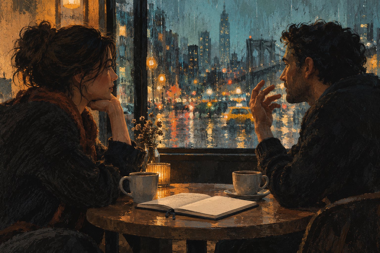Conceptual illustration of two moviegoers discussing a screening over coffee beside a rain-streaked city window.