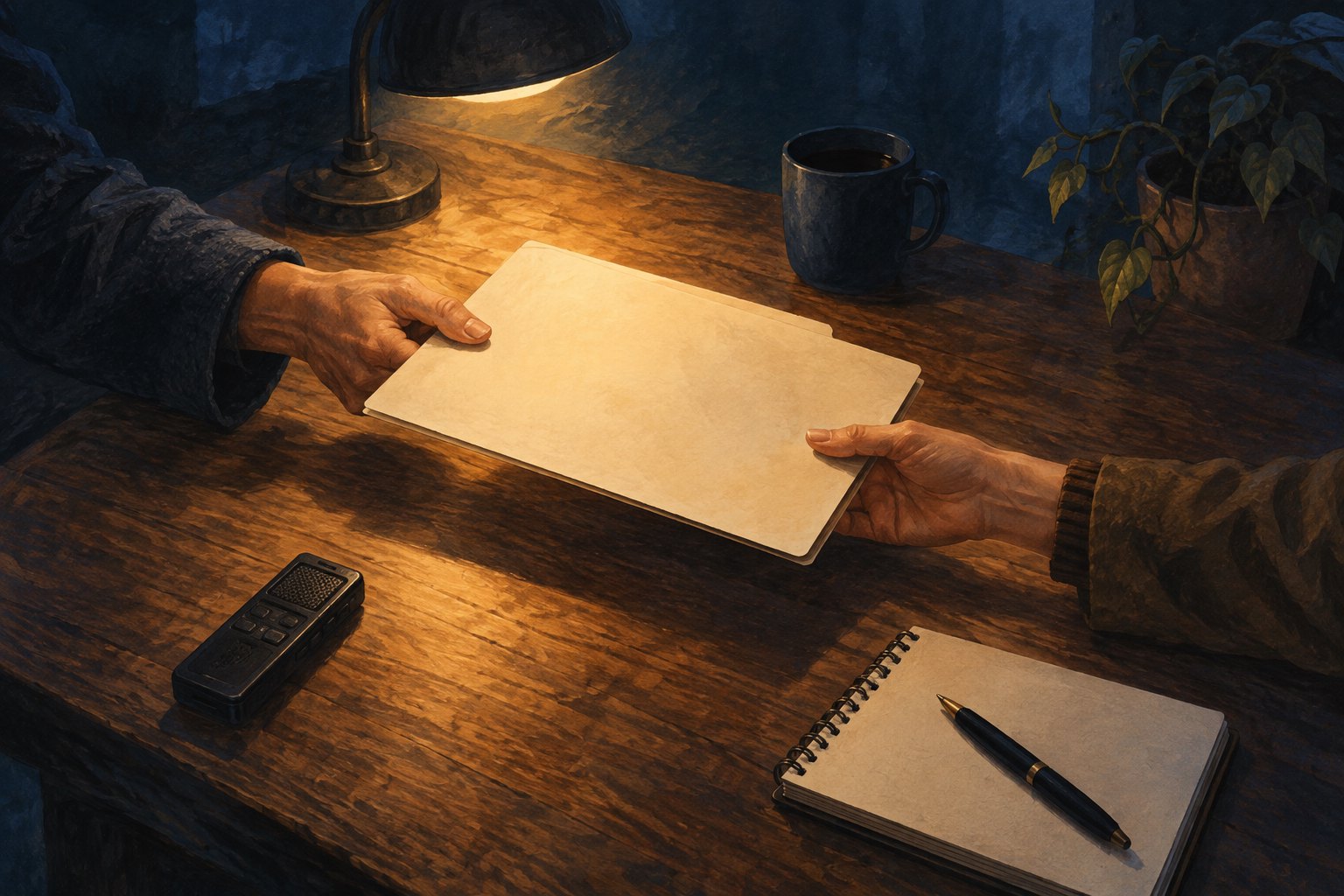 Conceptual illustration of two people passing a blank document folder across a lamplit table beside a recorder and notebook.