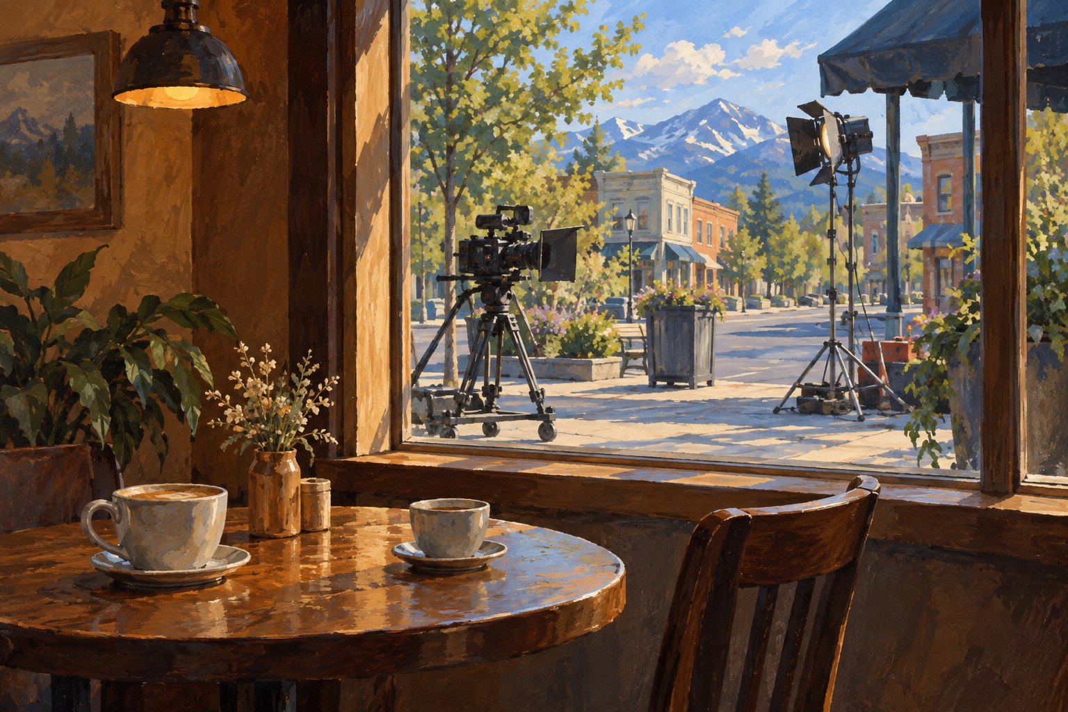 Conceptual illustration of two coffee cups beside a cafe window overlooking film equipment on a mountain-town sidewalk.
