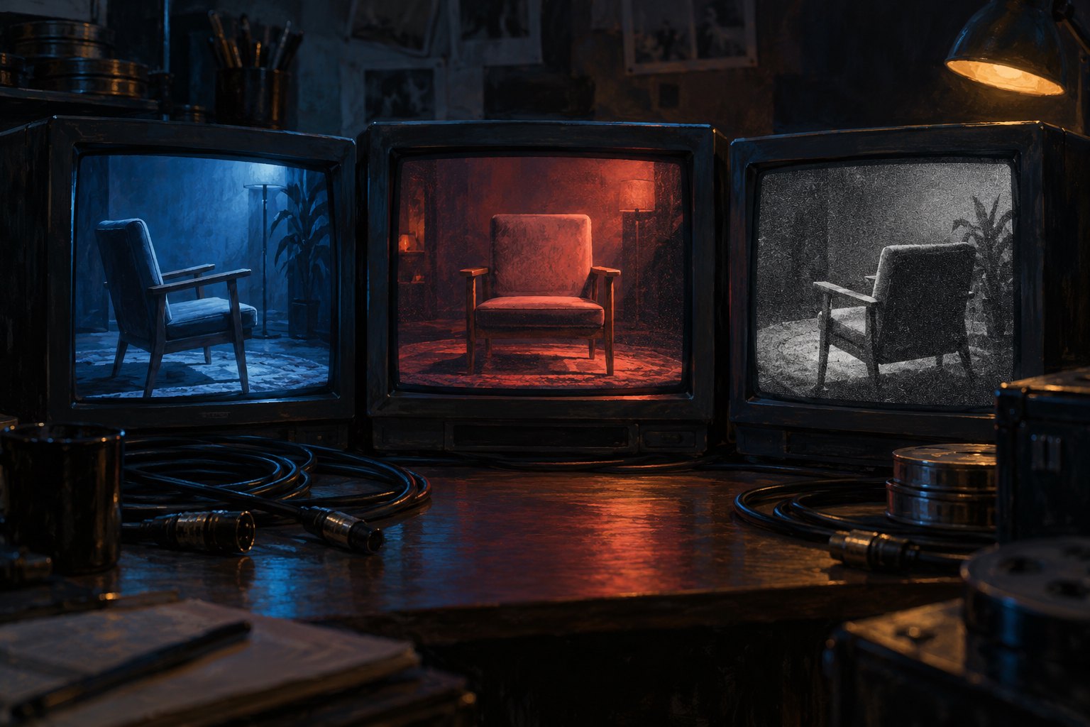 Conceptual illustration of three vintage monitors showing an empty chair from different angles in blue, red, and grainy monochrome.