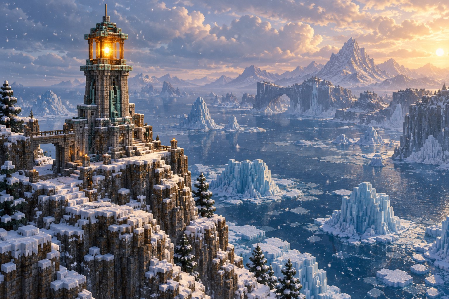 Concept illustration of a glowing block-built beacon on a snowy coastal cliff above a frozen ocean.