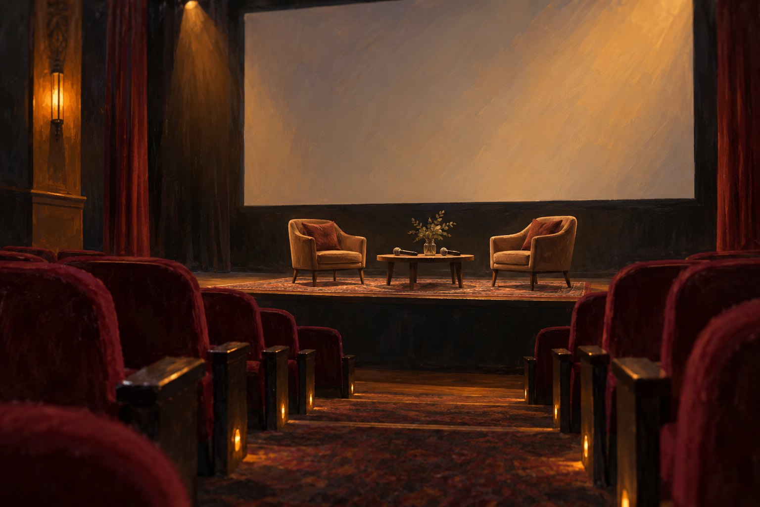 Conceptual illustration of two empty chairs and microphones beneath a blank cinema screen, viewed between rows of burgundy theater seats.