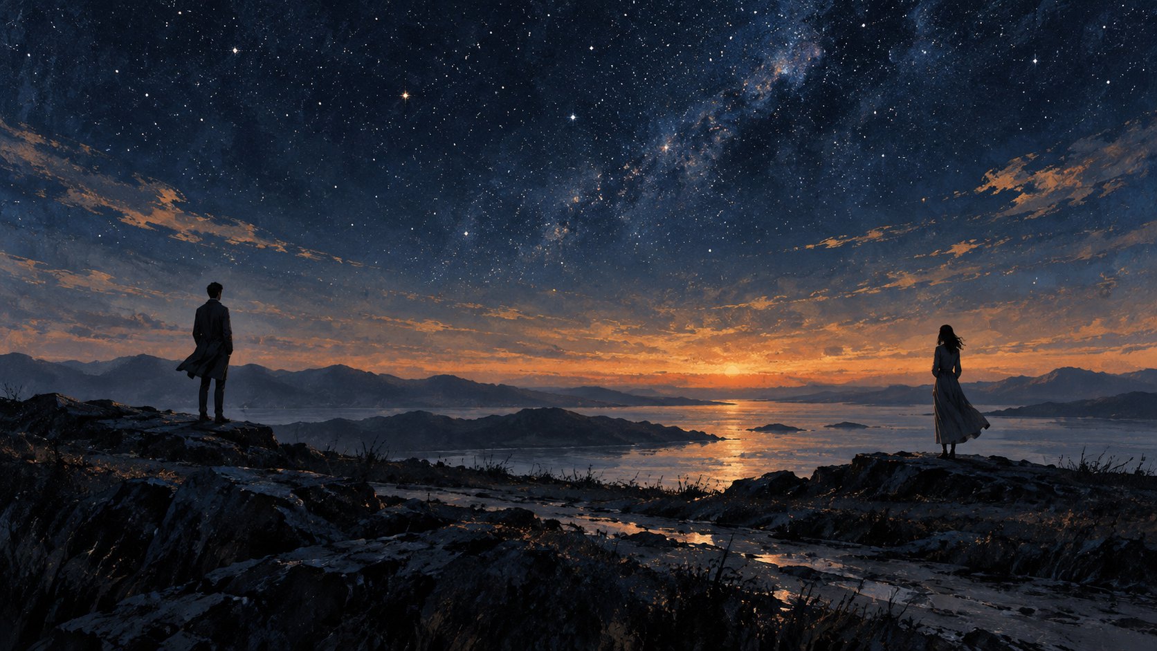 兩名成人身影隔著遼闊地景遙望星空與暮光,象徵時間與情感距離的概念插畫,非電影劇照