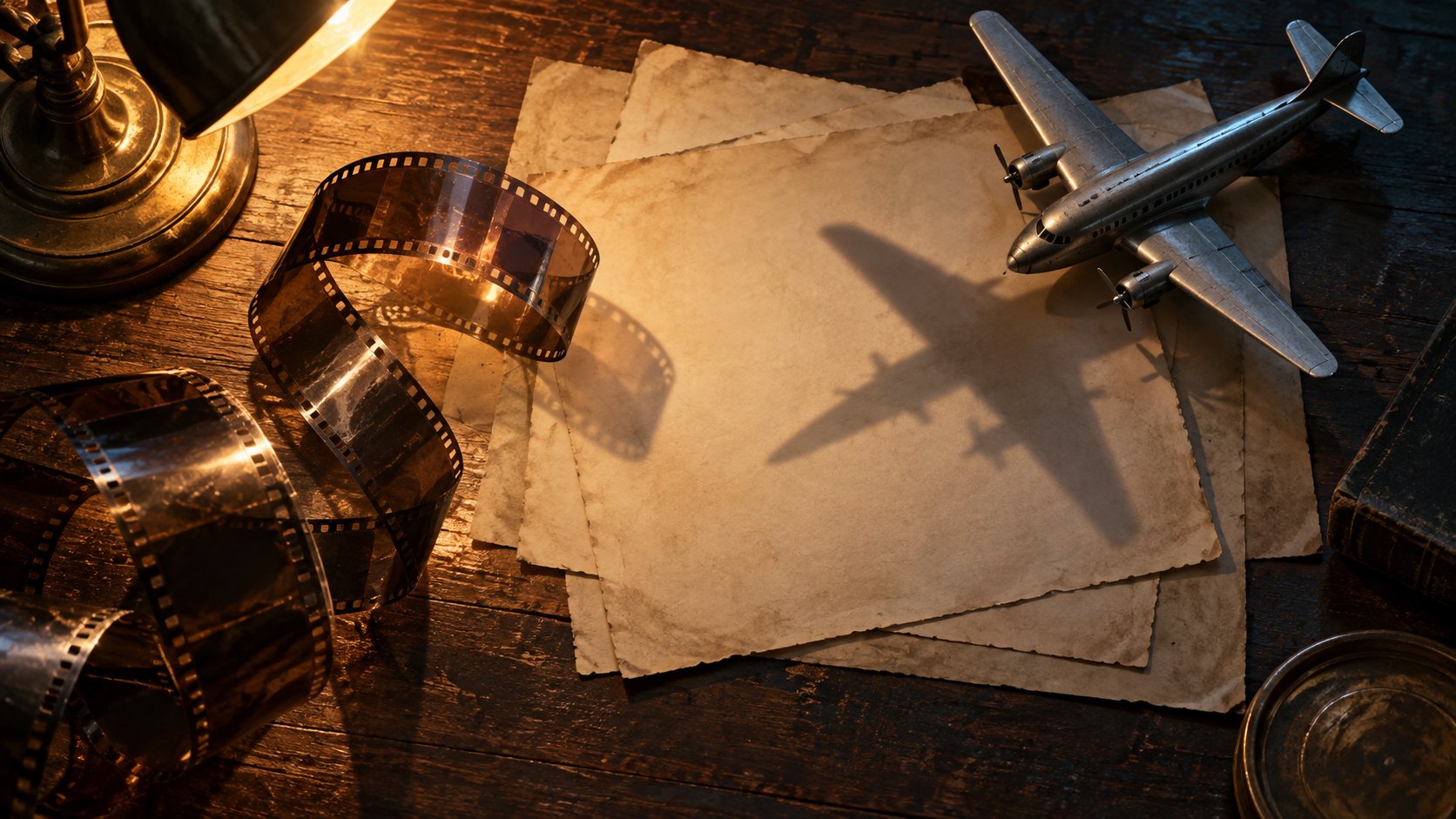空白舊紙、捲曲底片與客機模型散置桌面，象徵歷史記憶轉化為電影敘事的概念插畫