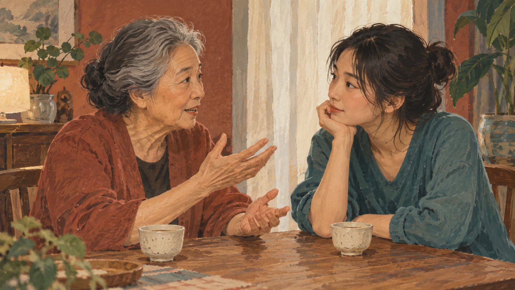 長輩與年輕女性在桌邊交流觀影感受的情境插畫