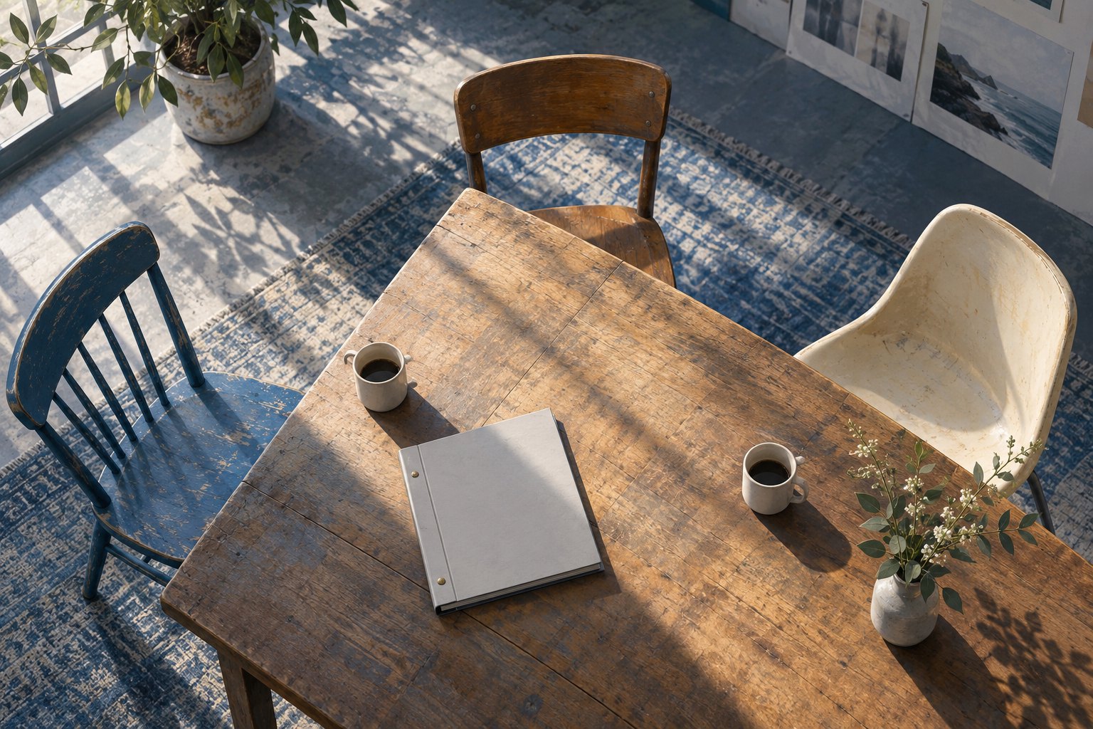 Conceptual illustration of three empty chairs around a sunlit wooden rehearsal table with an unmarked binder and two cups, not a scene from Playmates.