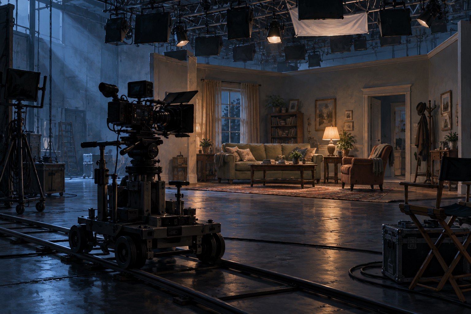 Conceptual illustration of an unattended movie camera facing a living-room set inside a quiet soundstage.