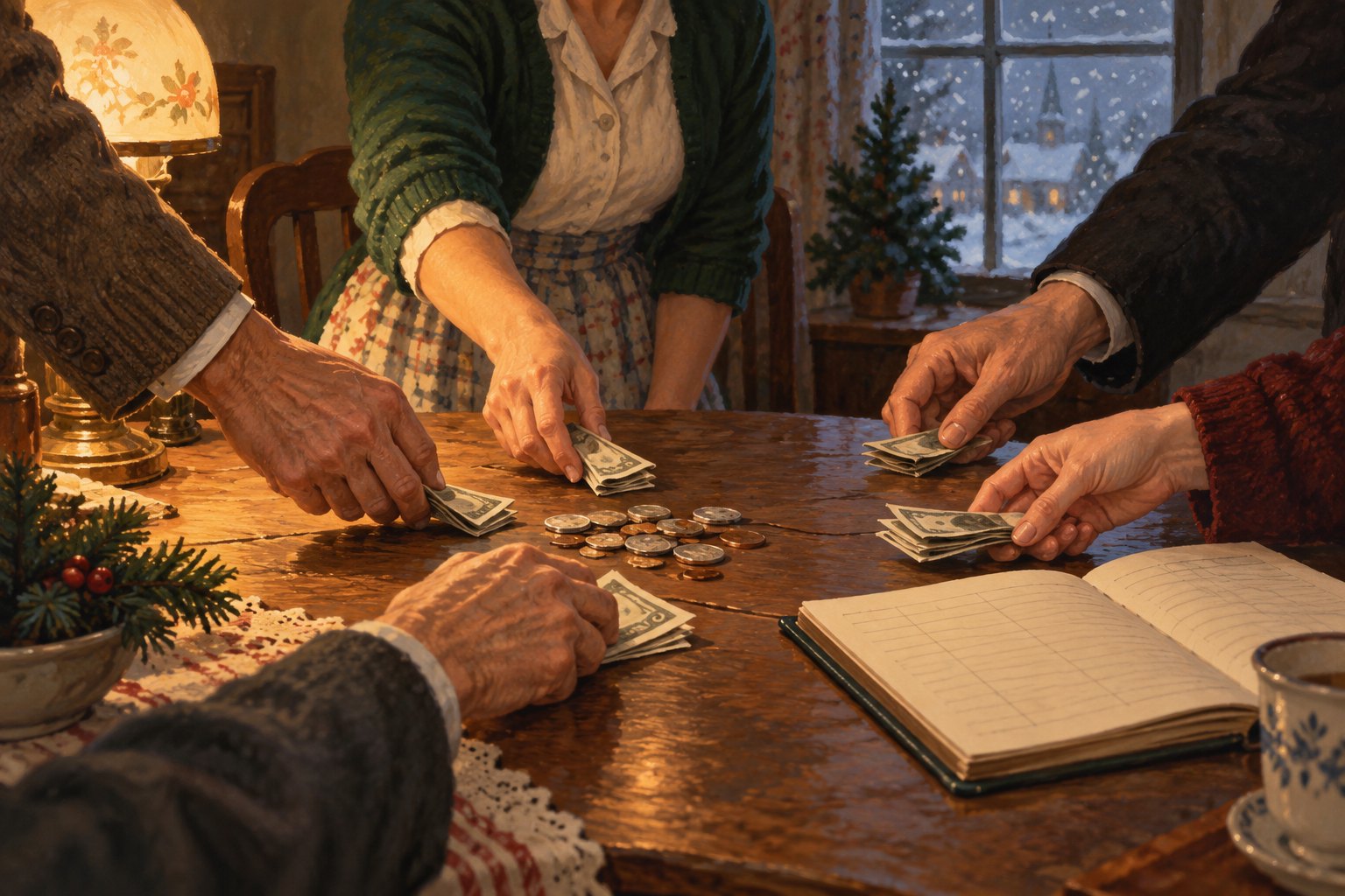 Conceptual illustration of neighbors placing money beside an open ledger on a warmly lit table in a modest home.