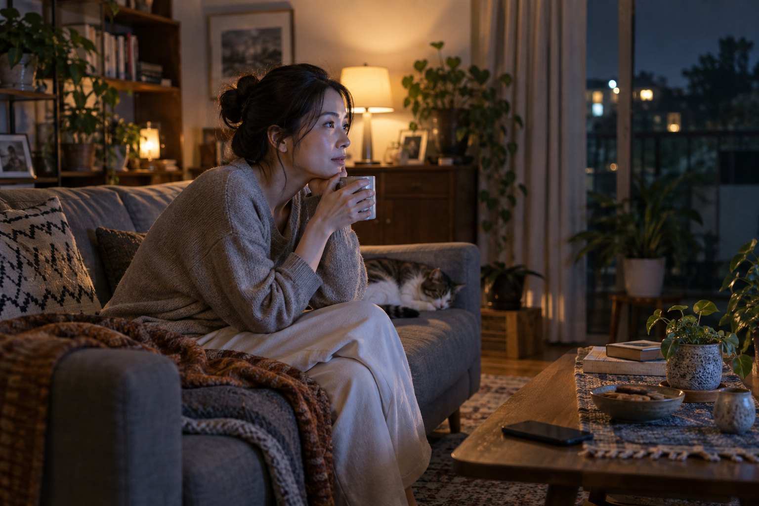 夜晚的客厅里,一名女子坐在沙发上捧杯观影,茶几上的手机屏幕朝下